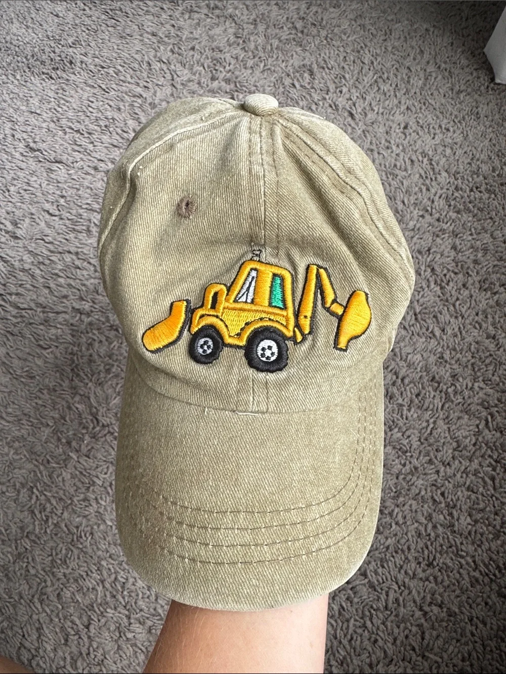 Kids Tan Baseball Cap with Yellow Excavator Embroidery